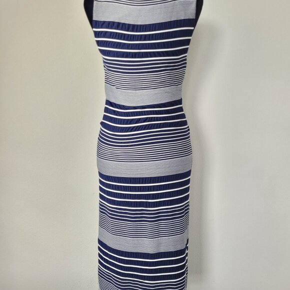 Anthropologie Maeve Edisto Column Dress midi navy white stripes knit texture L - Picture 3 of 11